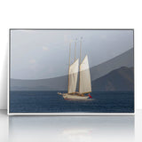 Mid-century modernist art depicting the Caribbean scenery of Saint Vincent in pastel colors on a framed acrylic print.