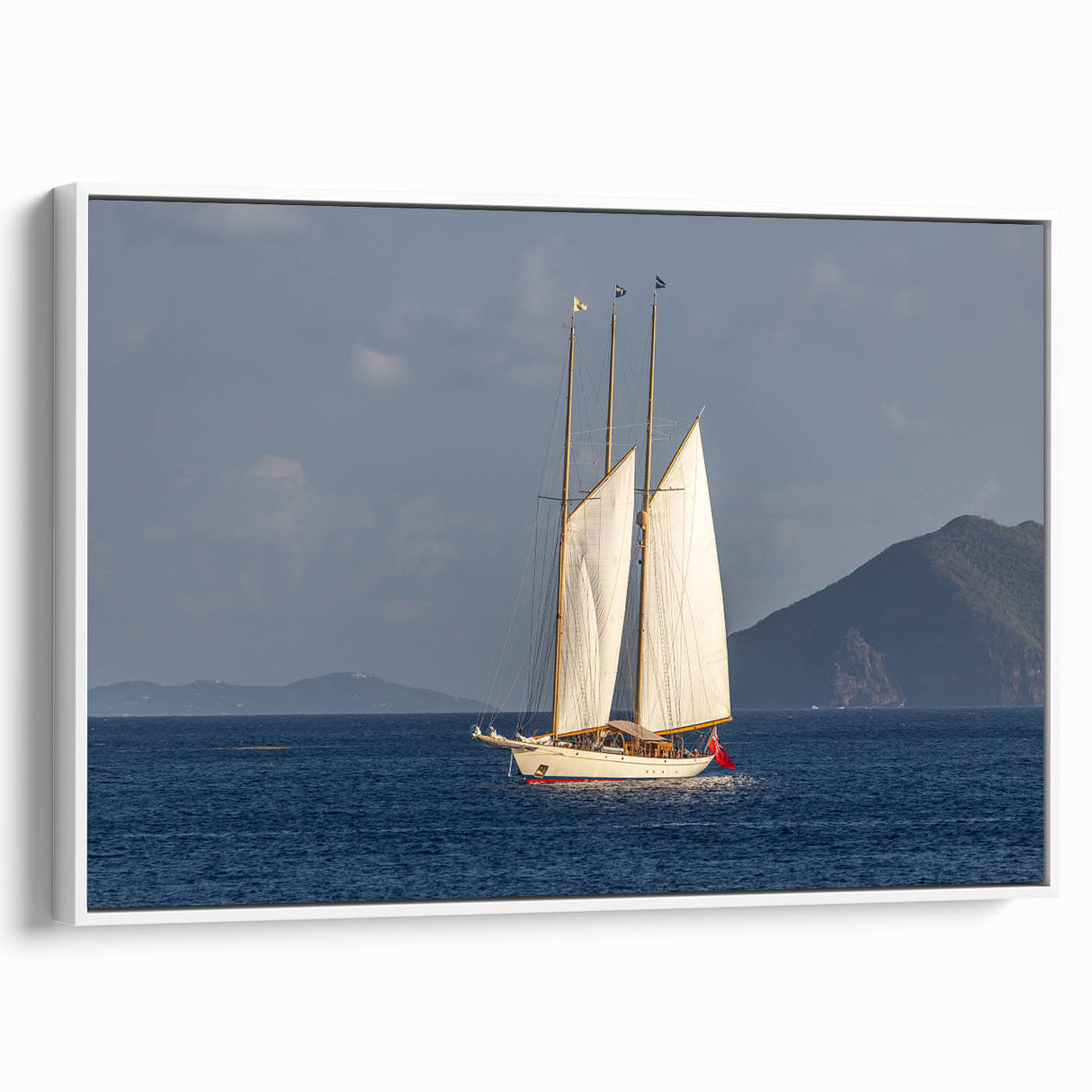 Framed canvas vintage poster art of a Caribbean scene with vibrant colors and black border, ideal for living room decor.