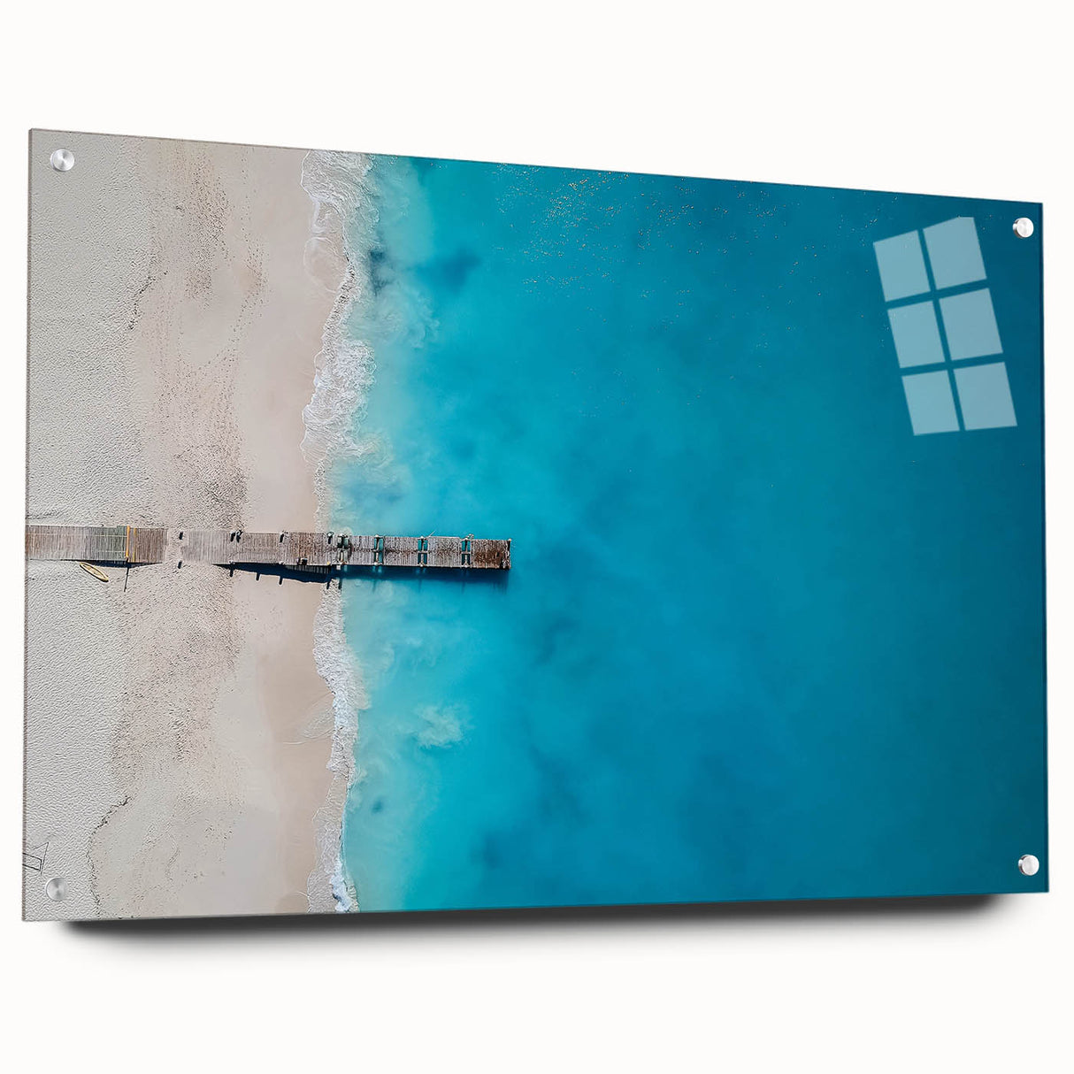 Large abstract wall art depicting Caribbean scenery in vibrant blues and greens on acrylic glass.