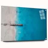 Large abstract wall art depicting Caribbean scenery in vibrant blues and greens on acrylic glass.