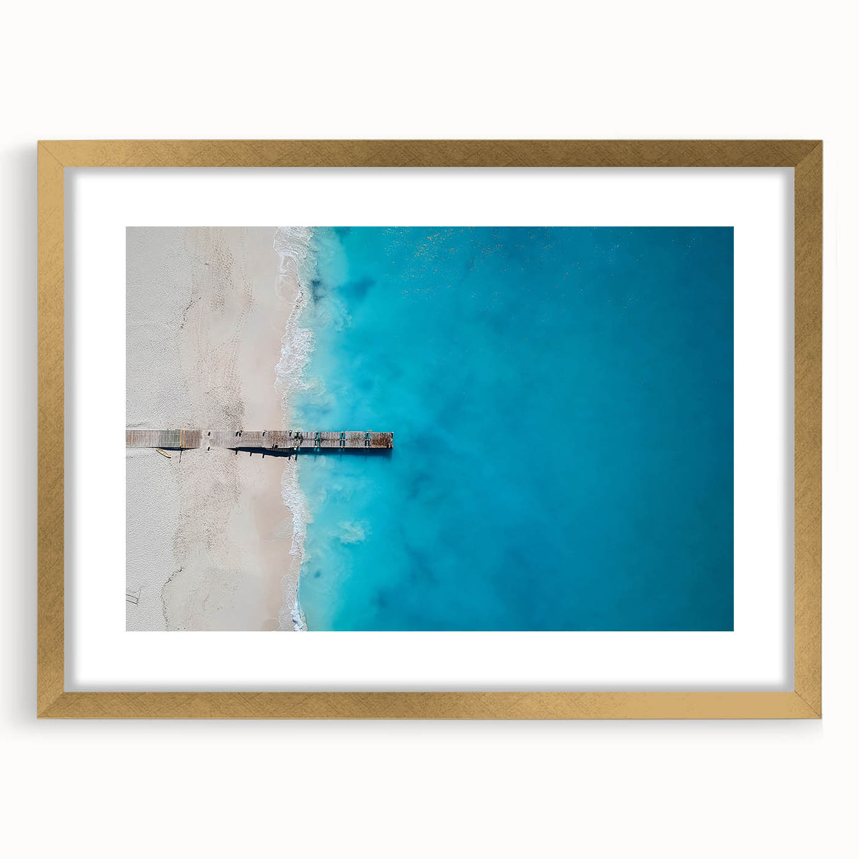 Abstract art print depicting Caribbean scenery in vibrant blue and green hues, framed in gold, ideal for dining room decor.