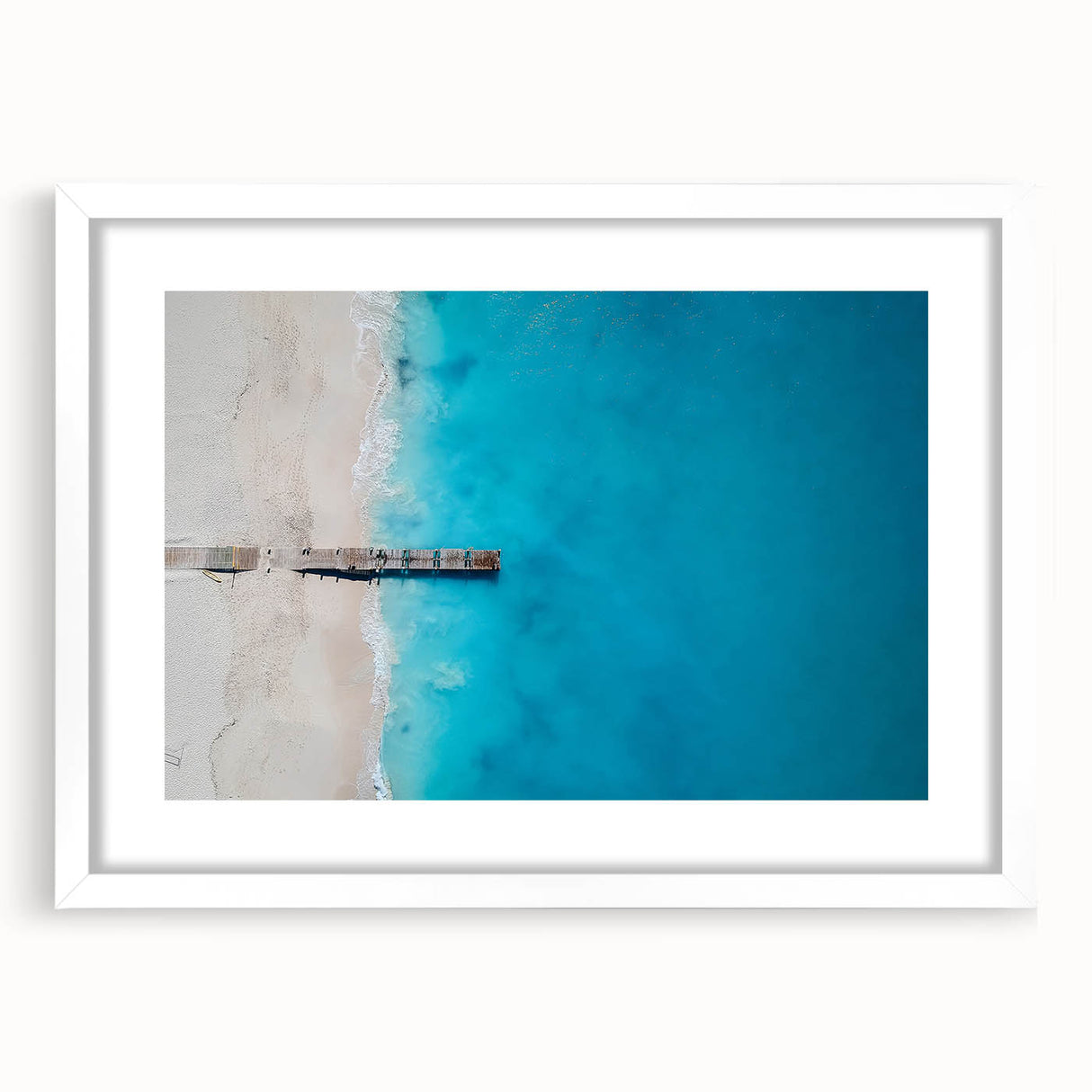 Textured abstract art print of Caribbean scenery in muted blue tones on a framed white mat, ideal for bedroom wall decor.