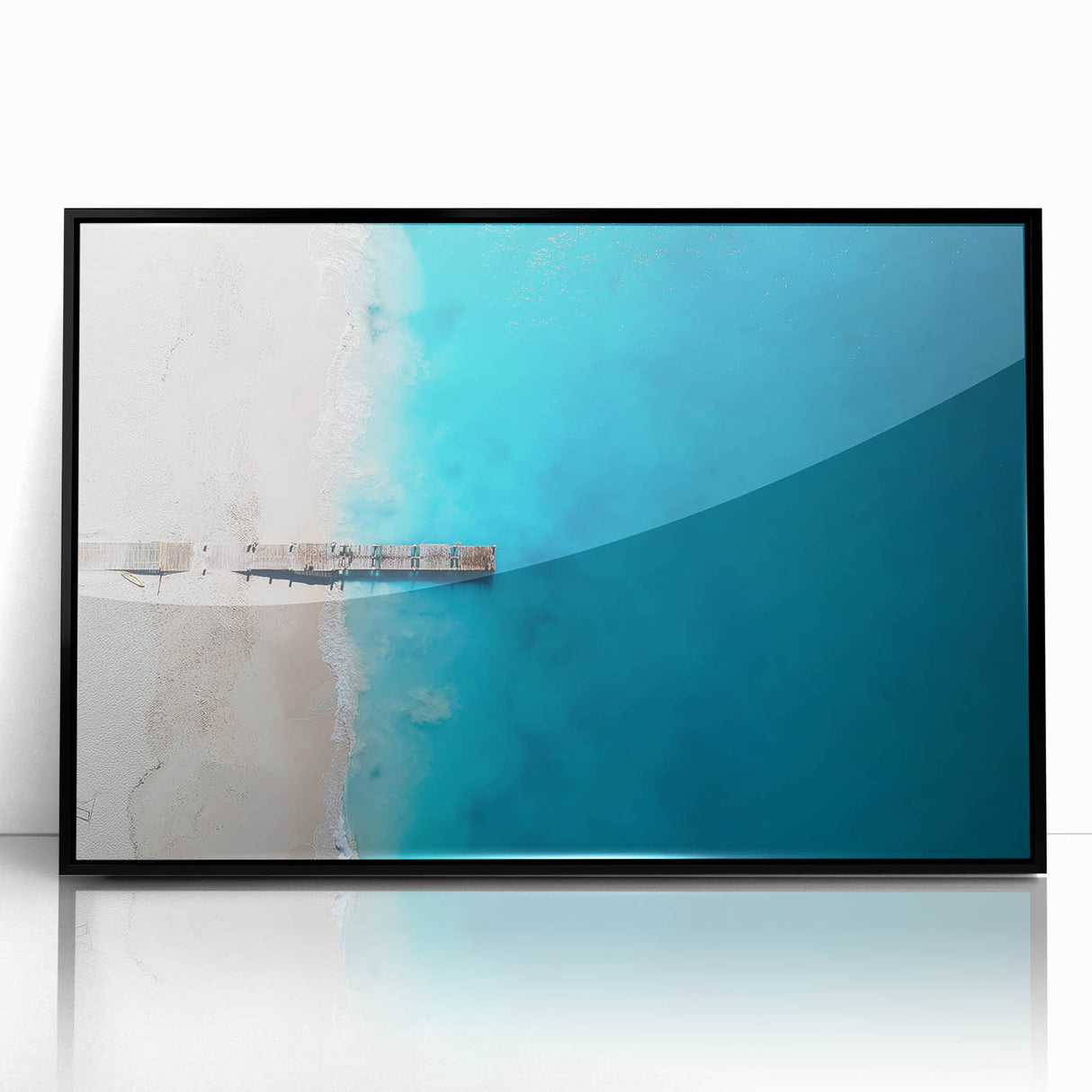 Large abstract wall art depicting Caribbean scenery in vibrant blue hues on a framed acrylic panel.