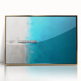 Art deco poster featuring a serene Caribbean scene, framed in gold acrylic, with vibrant blue and green tones.