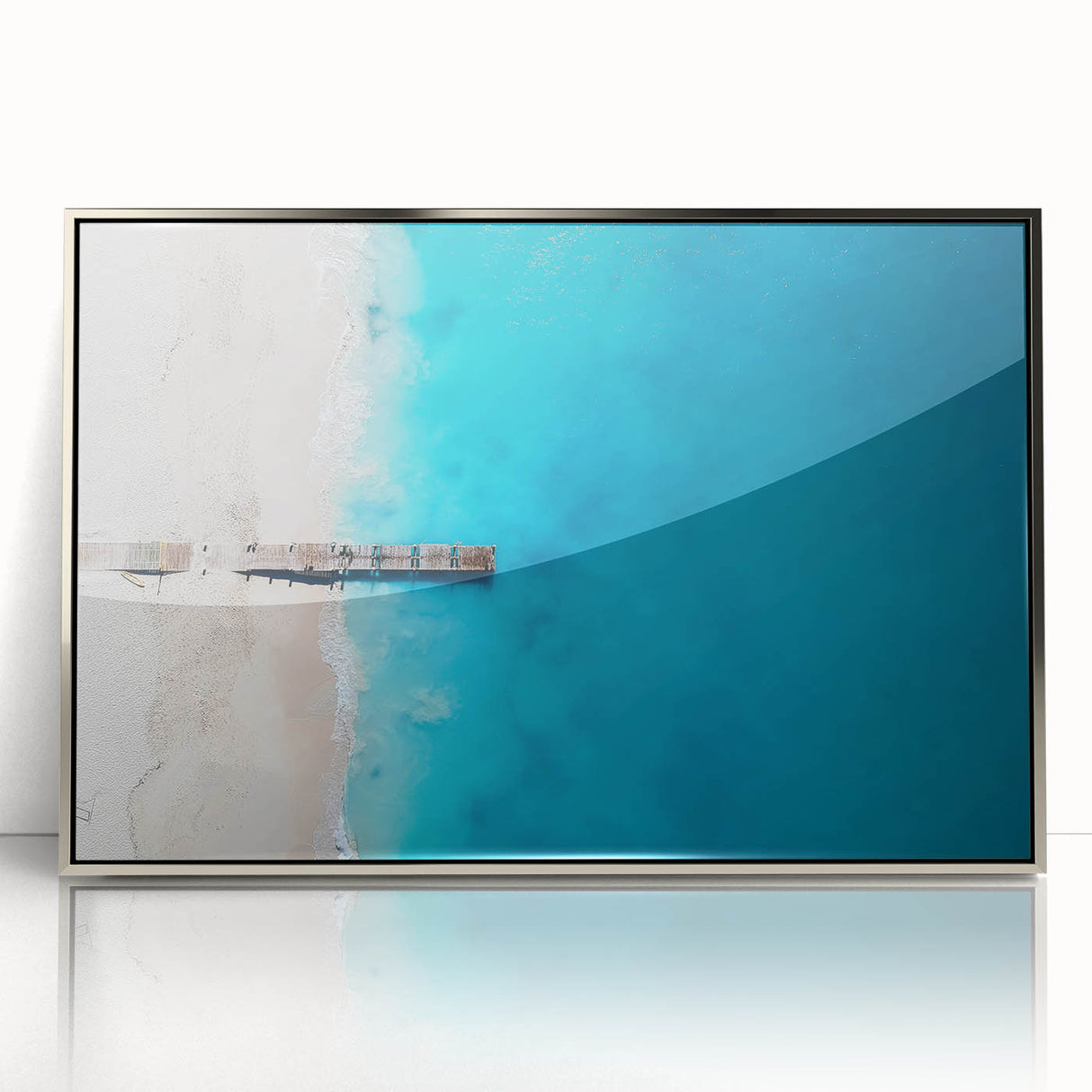 Large art print of a Caribbean seascape in muted blue tones on framed acrylic, ideal for modern art wall decor.