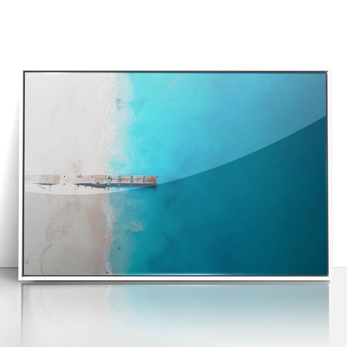 Mid-century modernist Caribbean scenery framed in white acrylic, featuring pastel blue and green tones.