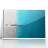 Mid-century modernist Caribbean scenery framed in white acrylic, featuring pastel blue and green tones.