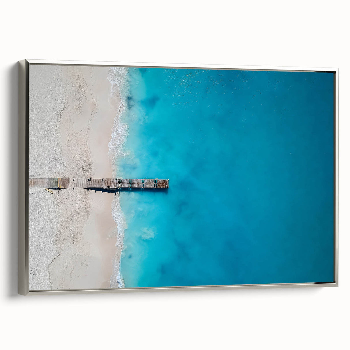 Framed canvas of a Caribbean landscape with vibrant blue and green tones, ideal for brightening a living room wall.