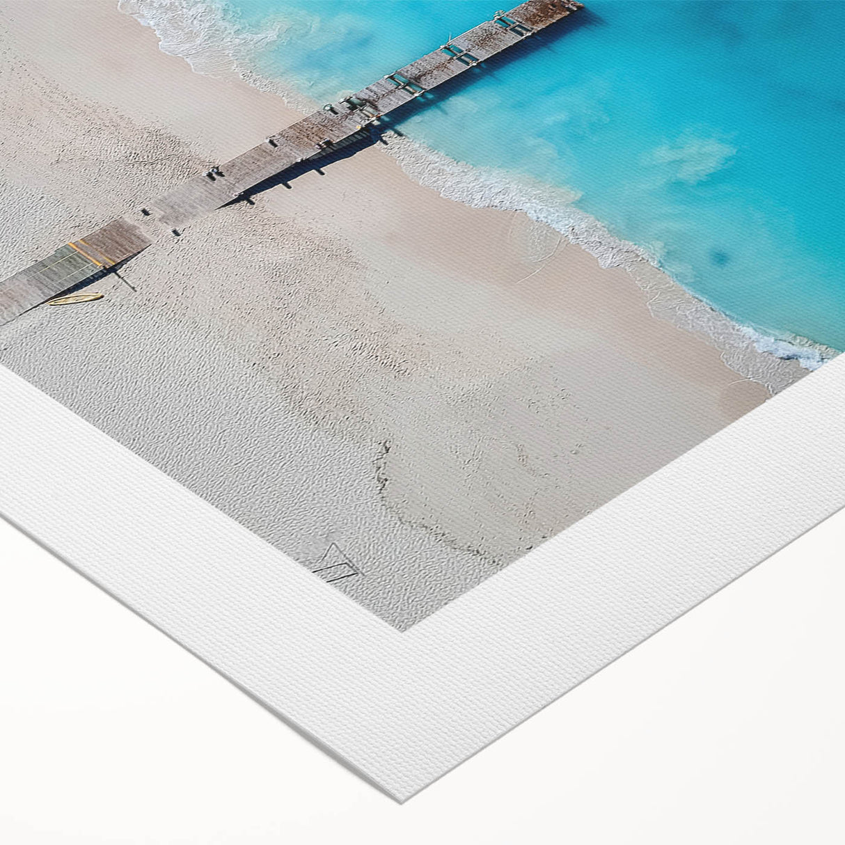 Art deco poster of a Caribbean scene on rolled canvas, featuring pastel blue and pink tones, ideal for dining room wall art.