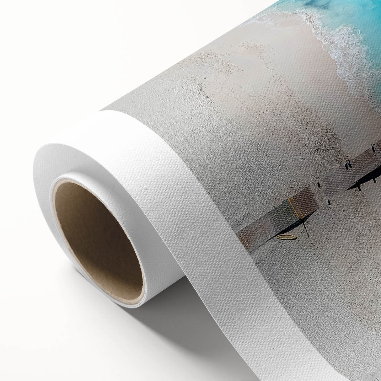 Art deco poster of Caribbean scenery on rolled canvas, featuring serene blue and green tones, ideal for nursery wall art.