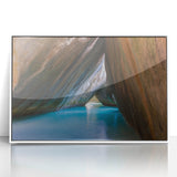 Mid-century modernist art of Caribbean Virgin Islands in muted blue and green tones, framed acrylic.