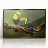 Mid-century modernist style large art print of Central America scenery, in acrylic frame with gold tones.