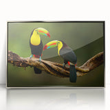 Mid-century modernist art depicting a Central American landscape in muted earth tones, framed in silver acrylic.