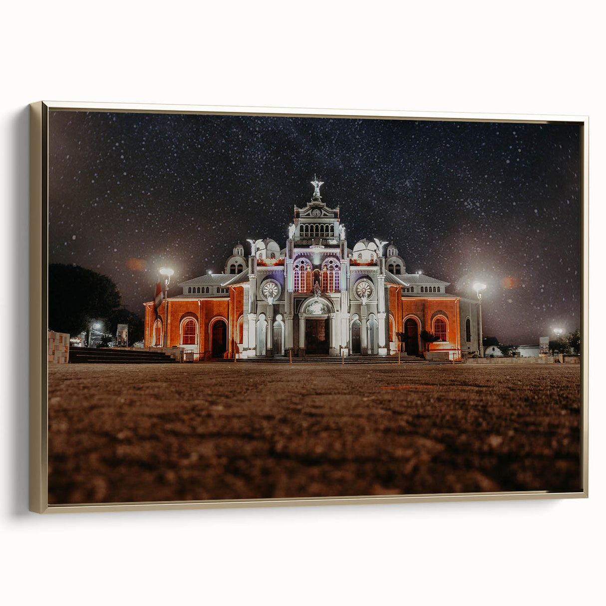 Framed canvas featuring a vintage-style landscape painting of Costa Rica with rich green and gold tones.