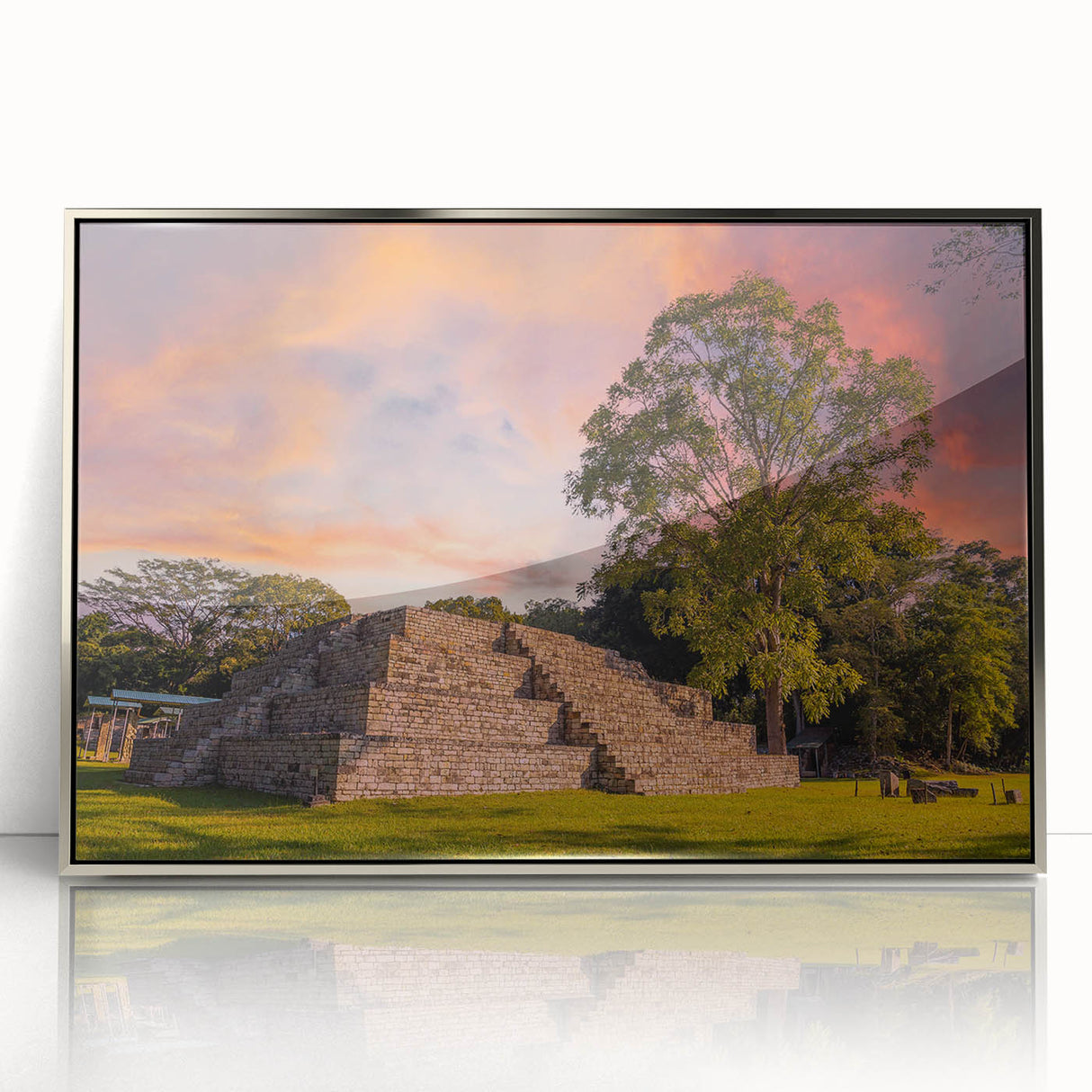 Mid-century modernist art of a Central American landscape in silver-framed acrylic, ideal for nursery wall art.