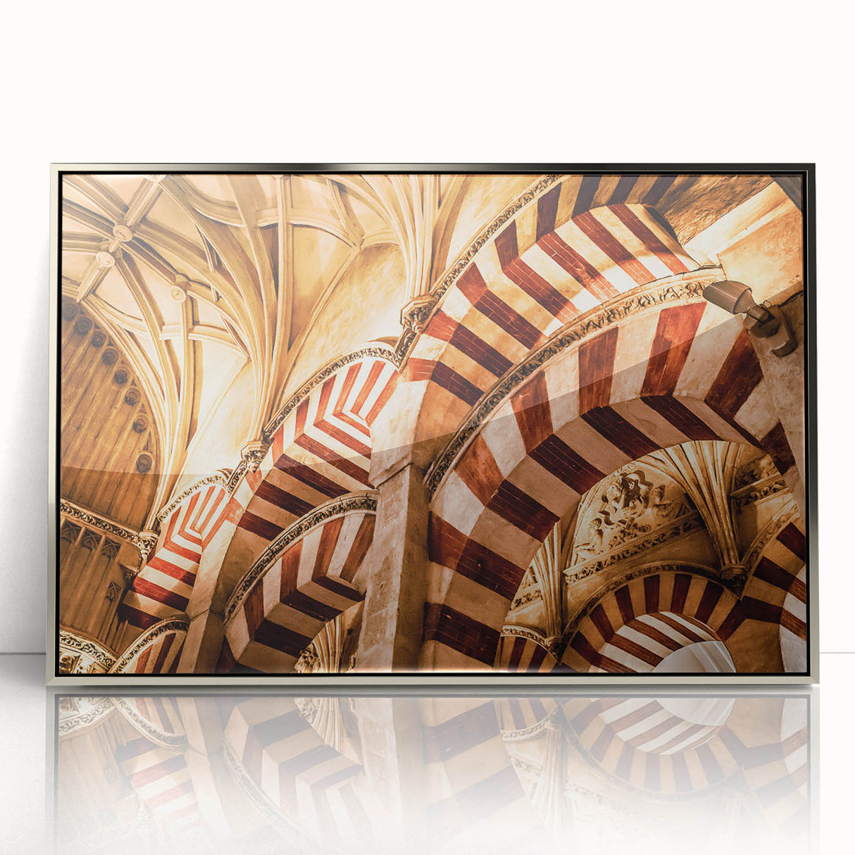 Mid-century modernist art of a Central American landscape in muted earth tones, framed in silver acrylic.