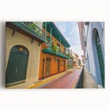 Black and white stretched canvas featuring the Panama skyline, ideal for kitchen wall art.