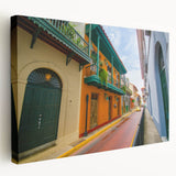 Panama cityscape on stretched canvas featuring a range of muted blue and gray tones, suitable for kitchen wall art.