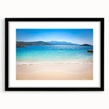 Extra large abstract art print of a colorful European scenery on textured canvas, framed in black.