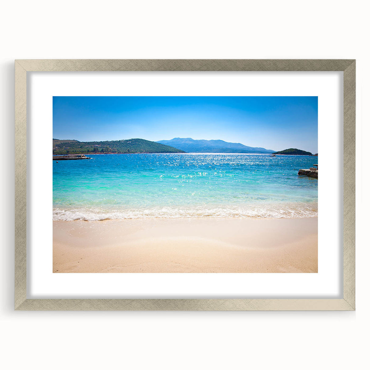 Extra large abstract art print of a textured European landscape in muted earth tones, framed in silver.