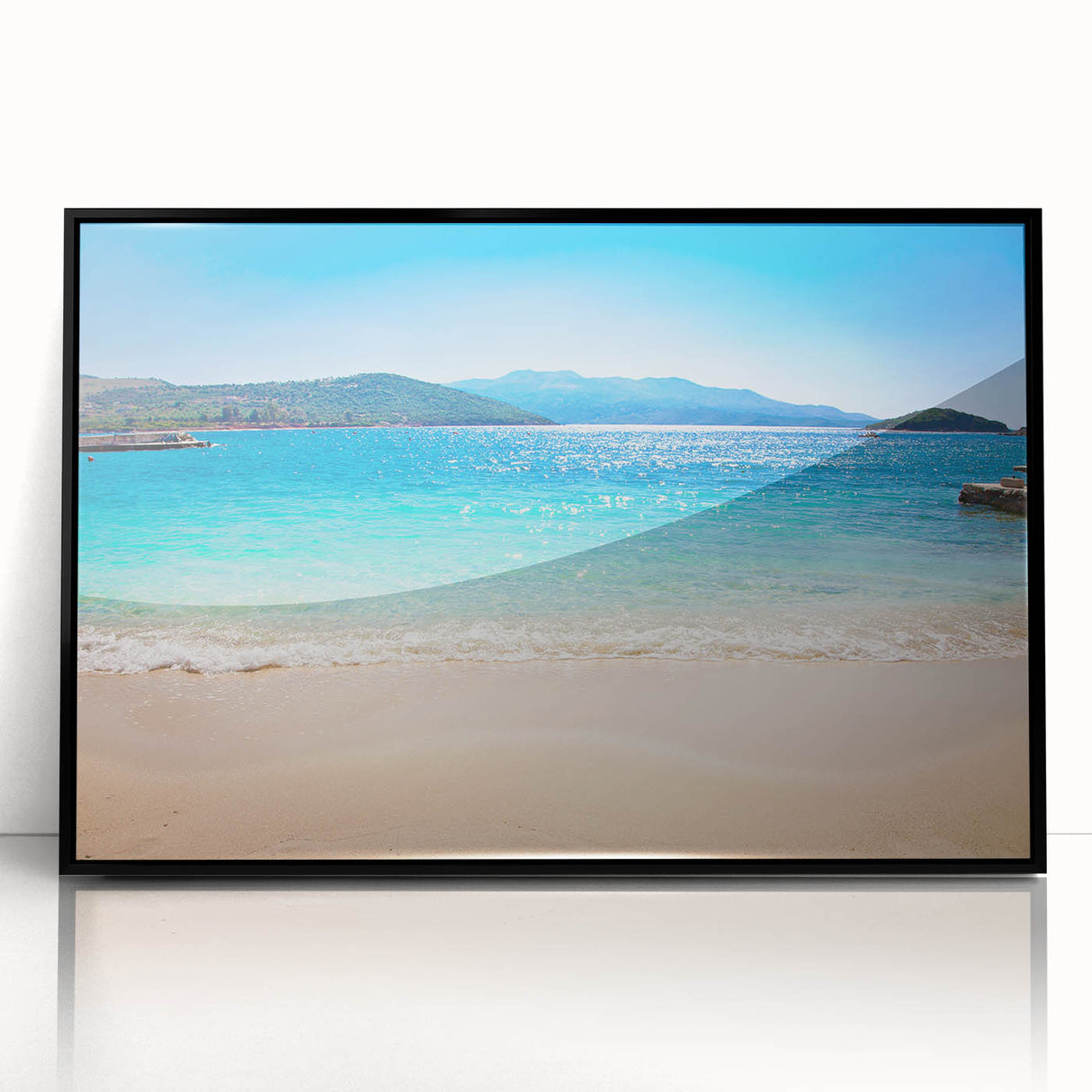 Large abstract wall art depicting a European Albanian scenery in black and white tones on a framed acrylic.