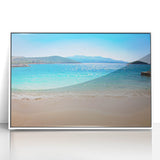 Mid-century modernist art depicting a serene Albanian landscape, in muted earth tones on a white framed acrylic.