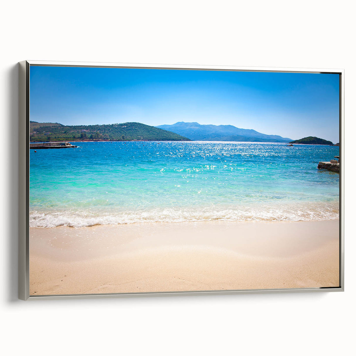 Landscape art painting of Albanian scenery on a framed canvas, featuring vibrant colors and vintage poster style.