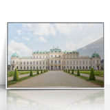 Mid-century modernist art depicting a serene Austrian landscape in muted earth tones, framed acrylic.