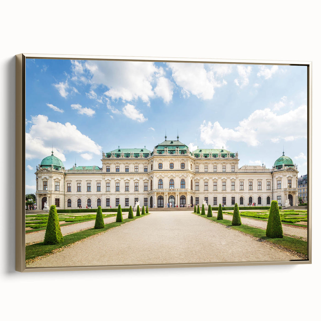 Framed canvas depicting a vintage-style landscape of an Austrian scene, using muted gold and black tones.