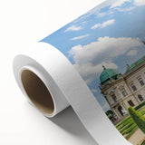 Art Deco poster of a serene Austrian landscape, in cool blue and green tones, on rolled canvas, ideal for nursery wall art.