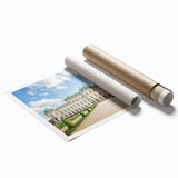 Rolled print of a serene Austrian landscape with soft floral elements in muted greens and blues.