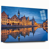 Large abstract wall art of a European scenery in muted blue and green tones on acrylic glass.