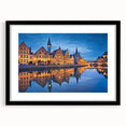 Abstract art print of a vibrant, colorful European scenery on a textured, extra large canvas, framed in black.