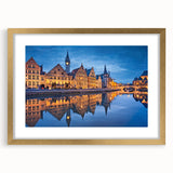 Abstract art print of a European scenery in muted gold and green tones, framed with a mat, ideal for dining room decor.