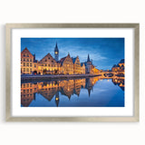 Extra large abstract art print depicting a textured European scenery in muted earth tones on a silver-framed canvas.