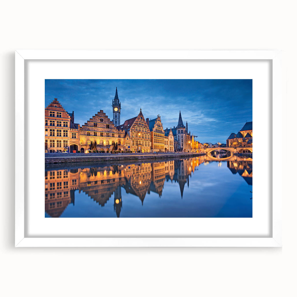 Textured abstract art print of a European scenery in muted earth tones, framed with a white mat, suitable for bedroom decor.