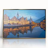 Art deco poster of a European scenery in gold and teal tones, acrylic framed, suitable for modern art wall decor.