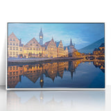 Mid-century modernist acrylic print of a European cityscape in muted gray and blue, ideal for nursery wall art.