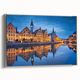 Landscape art painting of a scenic Belgian countryside on framed canvas, featuring vibrant green fields and a silvery sky.