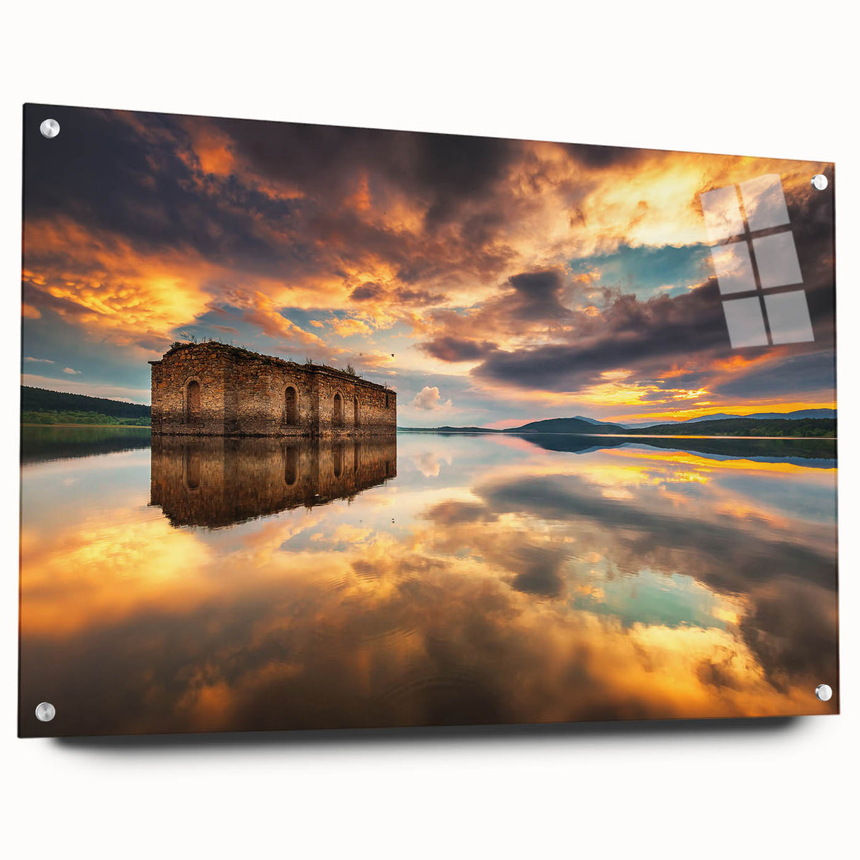 Acrylic print of a Bulgarian landscape featuring lush greenery and a river, in muted earth tones.