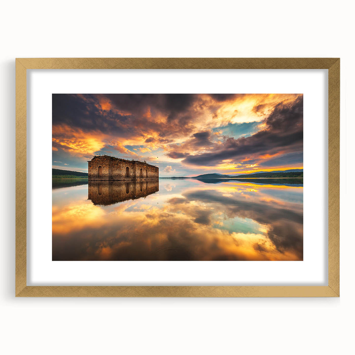 Abstract art print of a European landscape in muted earth tones on a framed canvas, suitable for dining room decor.