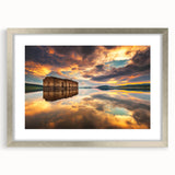 Extra large abstract art print of a European scenery in muted earth tones, framed in silver, ideal for living room decor.