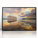 Large abstract wall art depicting a European Bulgarian scenery in muted earth tones, framed in black acrylic.