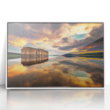 Mid-century modernist art depicting a scenic Bulgarian landscape in muted green and blue tones, framed acrylic.