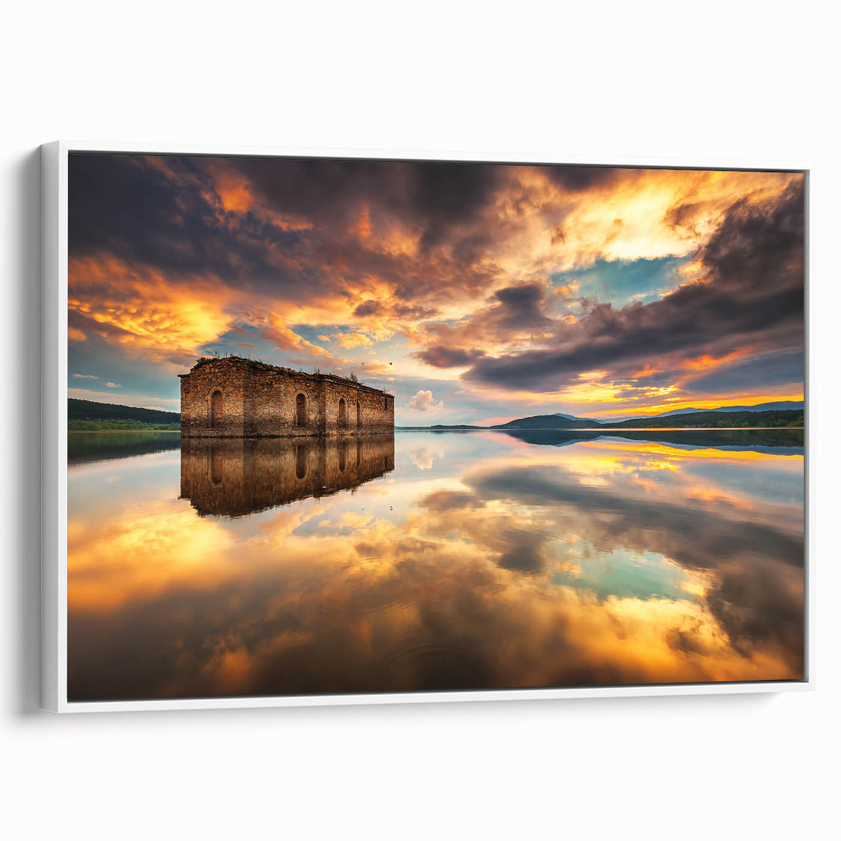 Vintage poster art of a scenic European landscape, framed canvas with a colorful palette, ideal for living room decor.