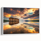 Vintage poster art of a scenic European landscape, framed canvas with a colorful palette, ideal for living room decor.