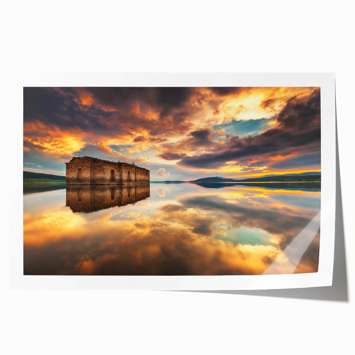 Rolled print of a Bulgarian landscape with vibrant green fields and a distant mountain, ideal for dining room decor.