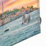 Large abstract wall art of a Croatian coastal scene in muted blue and green tones on acrylic glass.