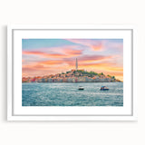 Textured abstract art print of a Croatian landscape in muted earth tones on a framed canvas, suitable for bedroom decor.