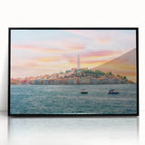 Large abstract wall art depicting a Croatian landscape in muted earth tones, framed in black acrylic.